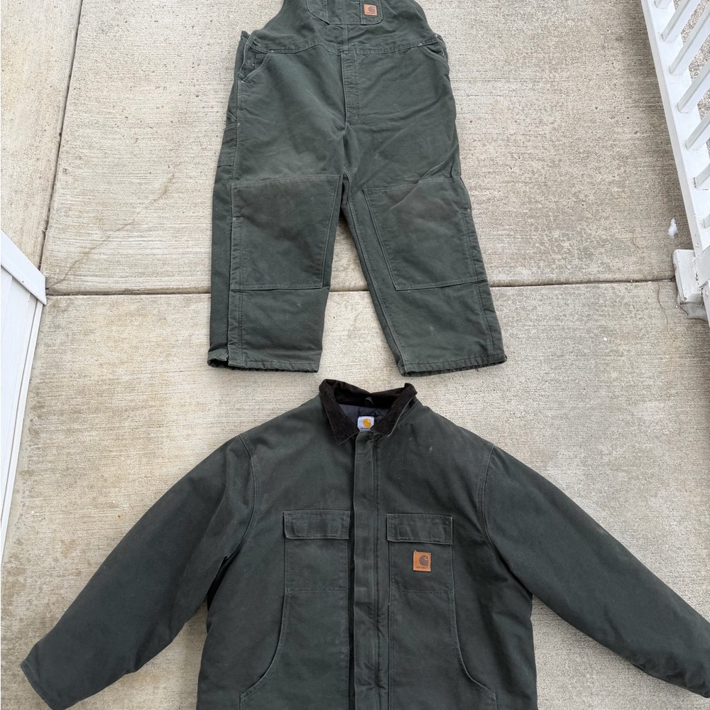 2 Pcs Carhartt C26 Mos 3 XL Jacket & Bibs R27 Mos 50x30 Quilt Lined Duck Canvas